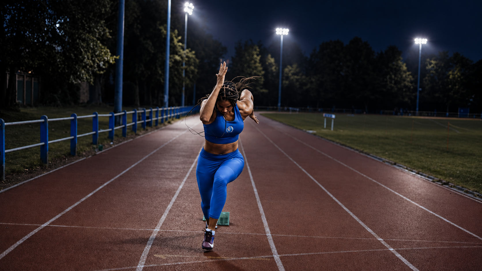 Track athlete accelerating under stadium lights